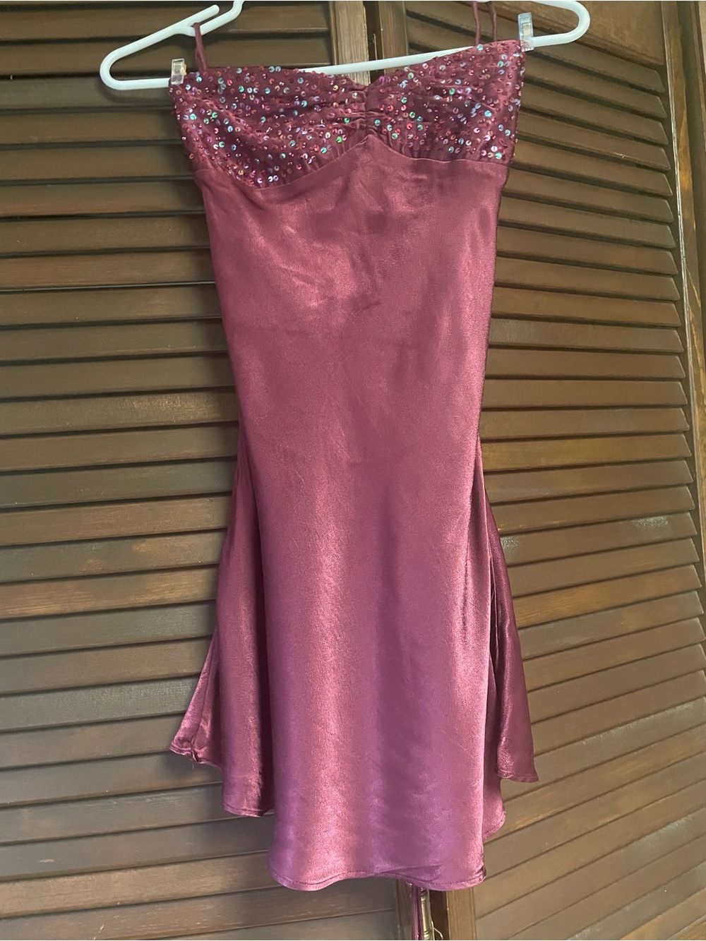 Strapless Sequin Bust Satin Dress in Burgundy